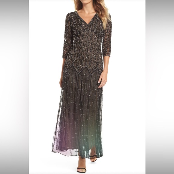 Pisarro Nights Dresses & Skirts - Pisarro Nights Beaded Mesh midi Gown 3/4 sleeve 2P
